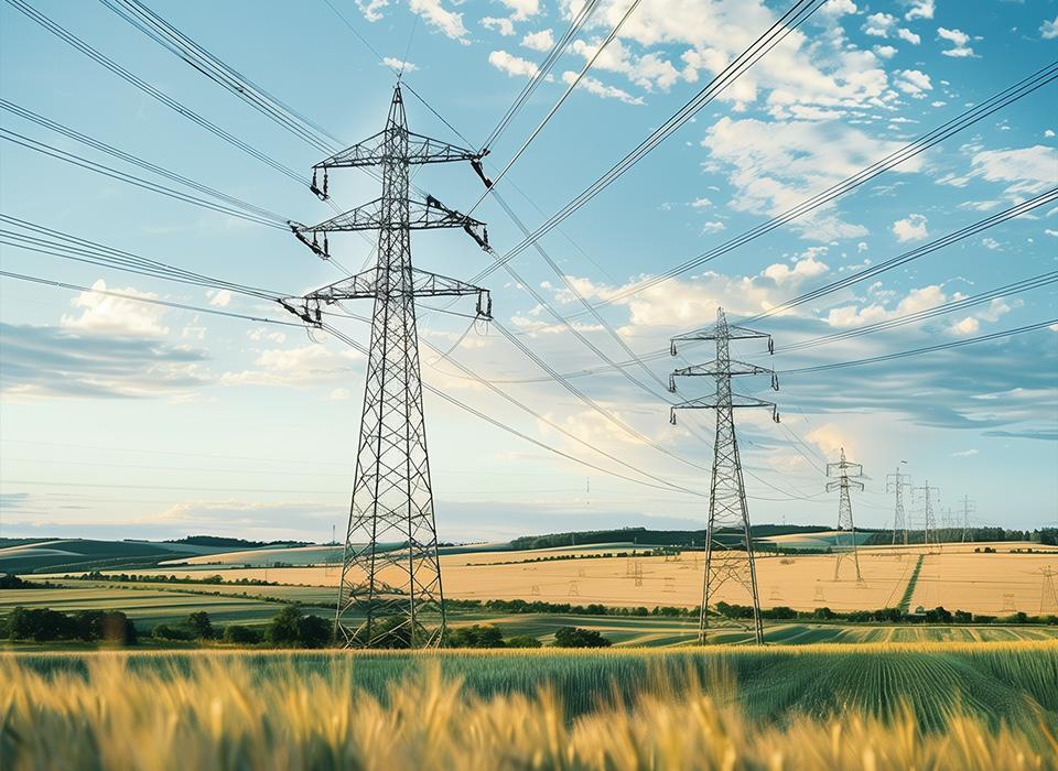 electrical towers spanning across fields